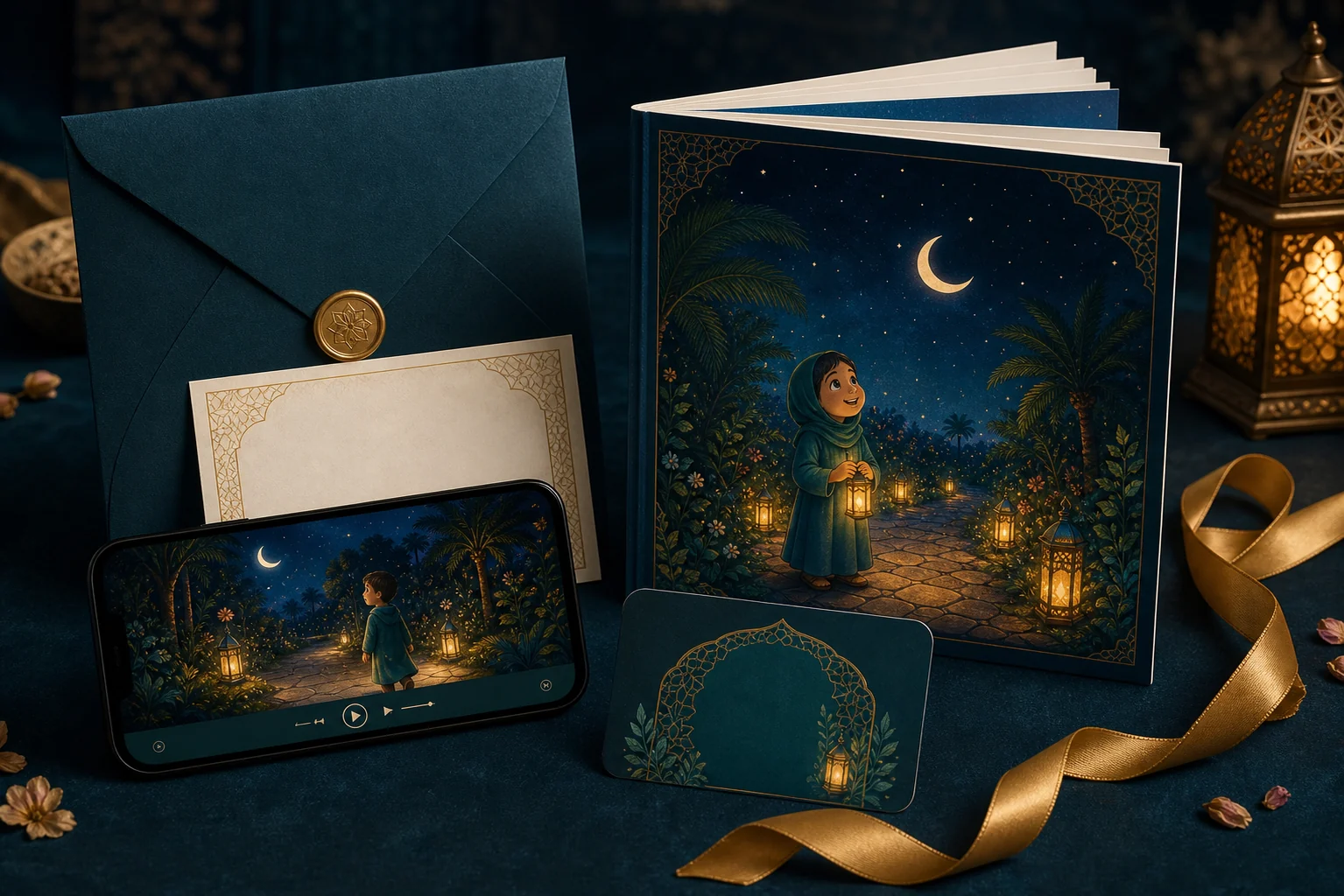 A complete Barakah Fables gift with softcover book, invitation, gift card, and online reader