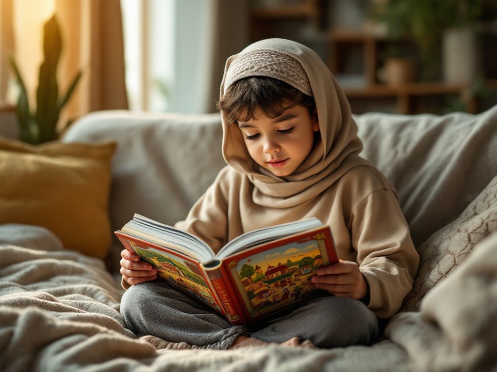 Child reading a printed Barakah Fables book